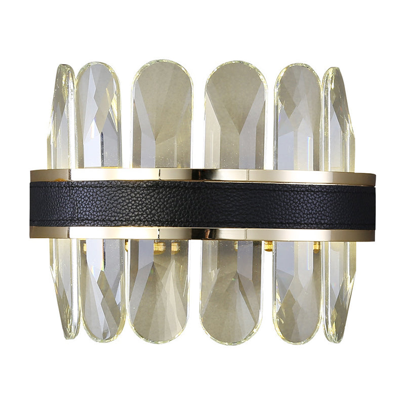 Contemporary Led Wall Sconce In Black - Clear Rectangle-Cut Crystal Half Cylinder Design For Bedside