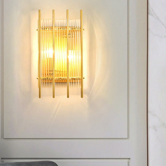 Gold Wall Mounted Light Fixture With Clear Crystal Rods - Modern Cylindrical/Rectangle Design Ideal