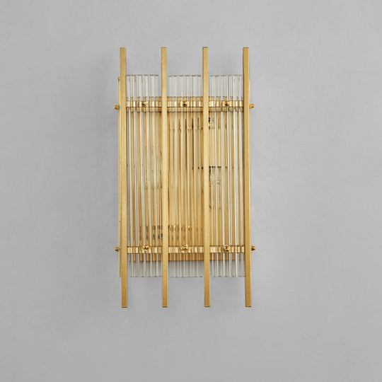 Gold Wall Mounted Light Fixture With Clear Crystal Rods - Modern Cylindrical/Rectangle Design Ideal