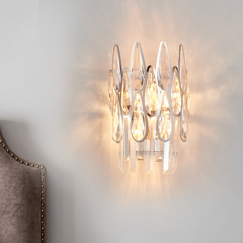 Modern Silver Double-Layered Wall Sconce With Clear Crystal Accents - 2 Lights