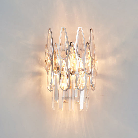 Modern Silver Double-Layered Wall Sconce With Clear Crystal Accents - 2 Lights