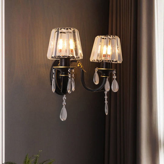 Modern Black Wall Lamp With Crystal Prisms Shade - Stylish Half-Head Light Fixture