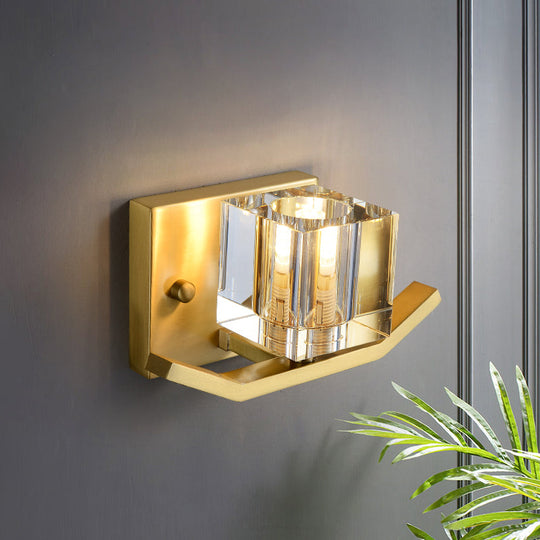 Modern Gold Wall Mount Light With Cubic Clear Crystal Shade - 1-Bulb Parlor Lighting Fixture