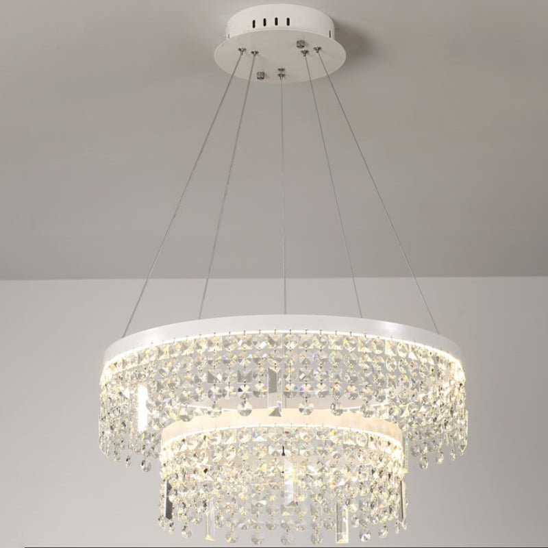 Contemporary Crystal Led Chandelier Lamp With Dual-Tiered Ring Design – Silver Suspension