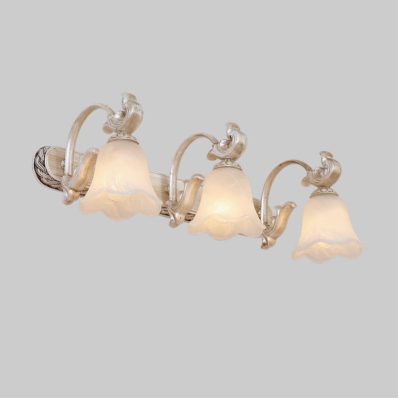Traditional Ribbed Opal Glass Vanity Fixture With Arched Arm - Light Brown 2/3-Head Wall Sconce