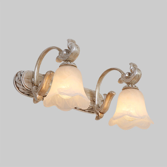 Traditional Ribbed Opal Glass Vanity Fixture With Arched Arm - Light Brown 2/3-Head Wall Sconce