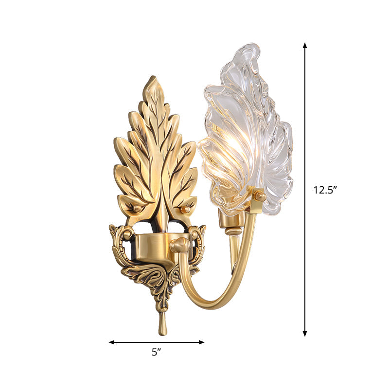Brass Arched Wall Sconce With Clear Glass And Palm Leaf Design 1-2 Lights