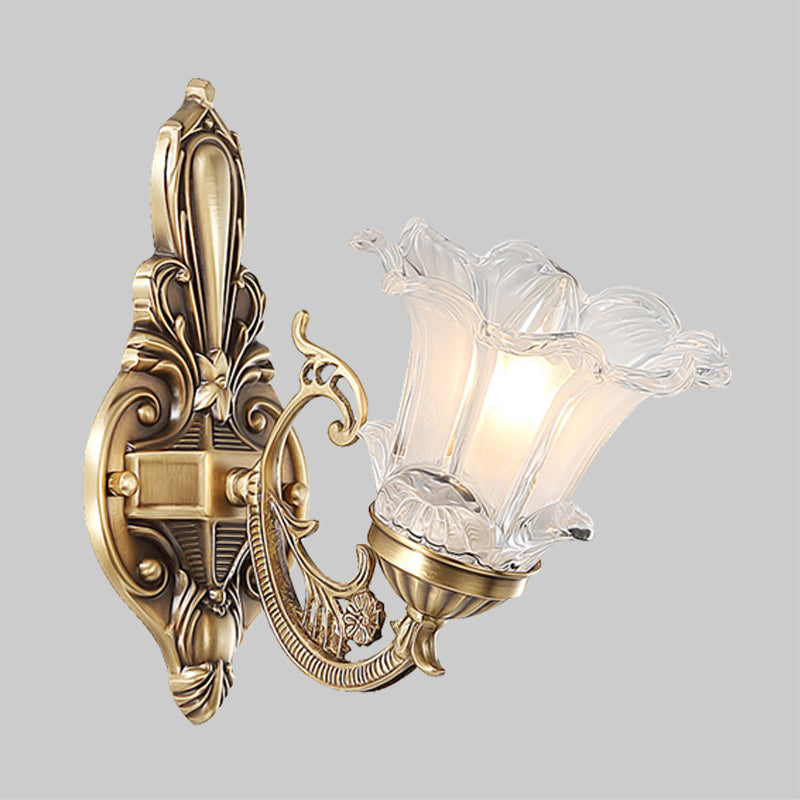 Vintage Brass Floral Wall Lamp With Fluted Glass And Curved Arm Sconce Lighting For Living Room