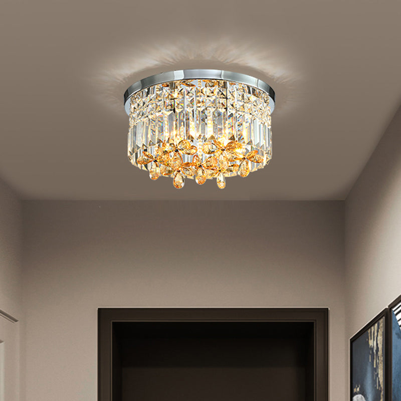 Chrome Cylinder Crystal Led Flush Light For Doorway - 10’/15.5’ Wide / 15.5’