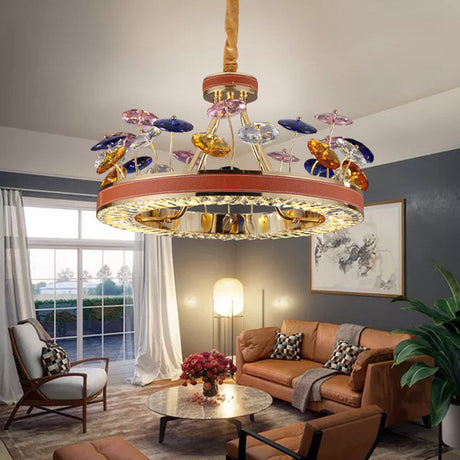 Red Hoop Crystal Bedroom Pendant Light - Led Macaron Chandelier With Colorful Mushroom Decor