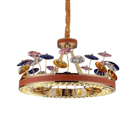 Red Hoop Crystal Bedroom Pendant Light - Led Macaron Chandelier With Colorful Mushroom Decor