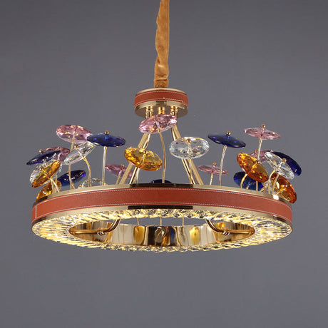 Red Hoop Crystal Bedroom Pendant Light - Led Macaron Chandelier With Colorful Mushroom Decor