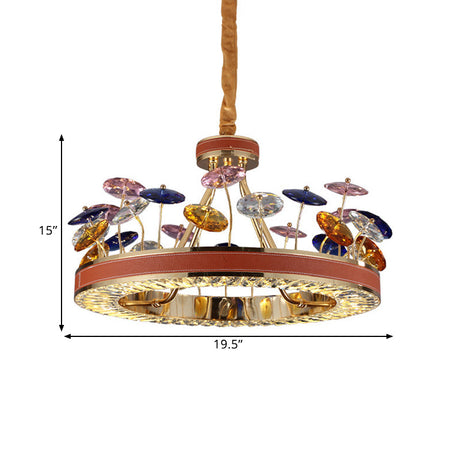 Red Hoop Crystal Bedroom Pendant Light - Led Macaron Chandelier With Colorful Mushroom Decor