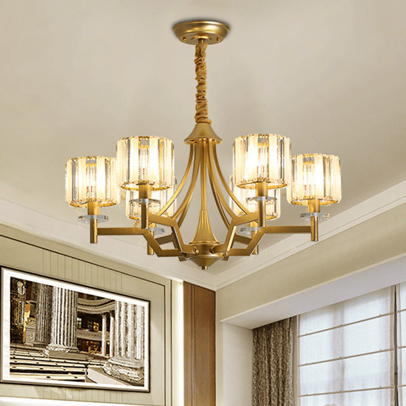 Gold Prismatic Crystal Cylinder Chandelier Lamp With 3/6 Bulbs - Postmodern Hanging Light 6 /