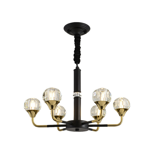 Moderner verzweigter Kristallkugel-Kronleuchter | 6/8/12-Kopf-Pendelleuchte in Schwarz-Gold