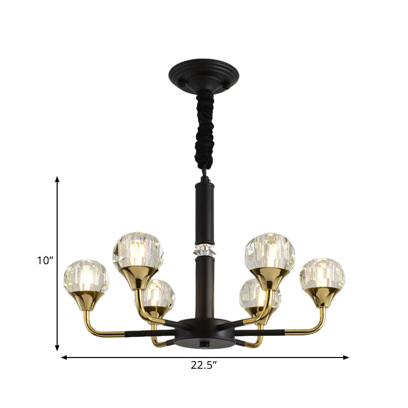 Moderner verzweigter Kristallkugel-Kronleuchter | 6/8/12-Kopf-Pendelleuchte in Schwarz-Gold