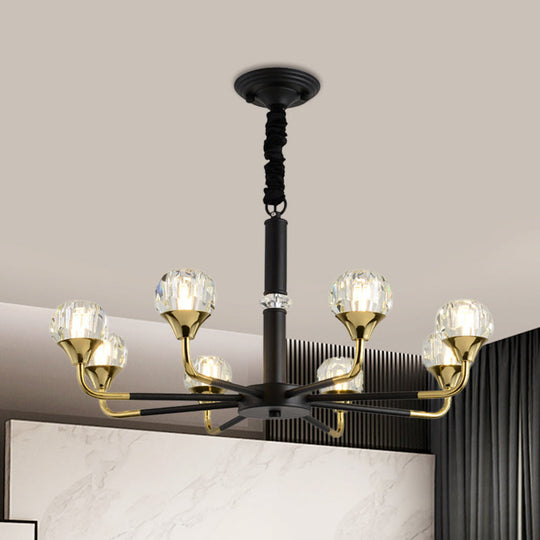 Moderner verzweigter Kristallkugel-Kronleuchter | 6/8/12-Kopf-Pendelleuchte in Schwarz-Gold