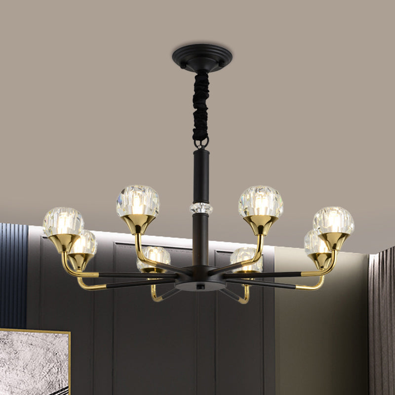 Moderner verzweigter Kristallkugel-Kronleuchter | 6/8/12-Kopf-Pendelleuchte in Schwarz-Gold