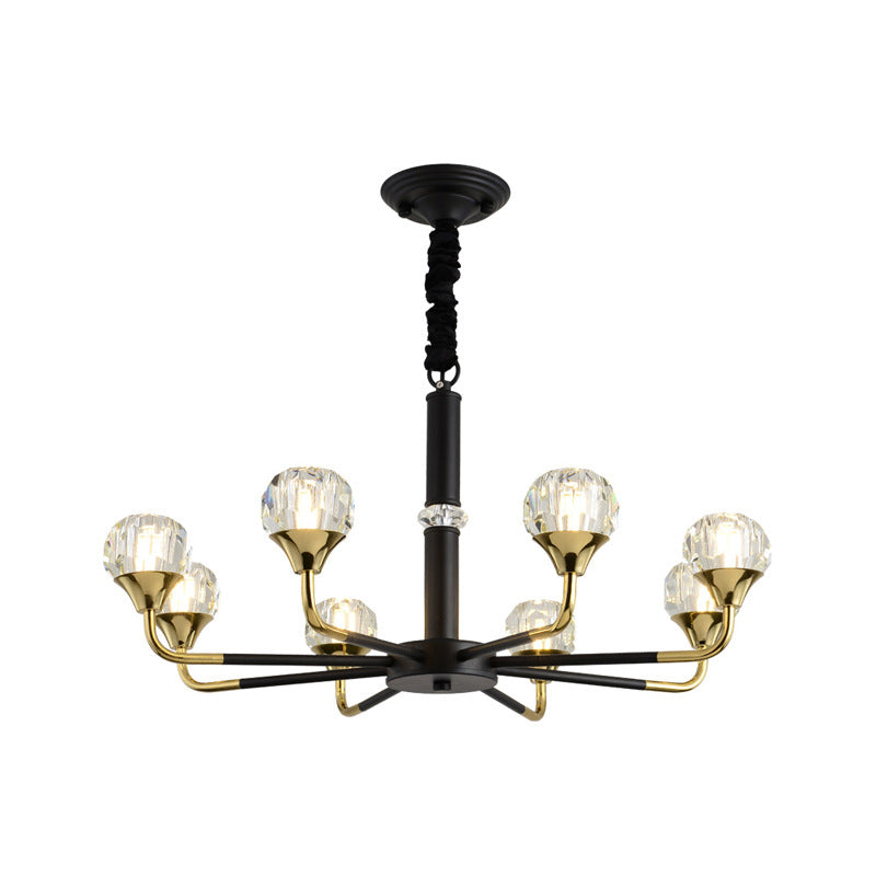 Moderner verzweigter Kristallkugel-Kronleuchter | 6/8/12-Kopf-Pendelleuchte in Schwarz-Gold