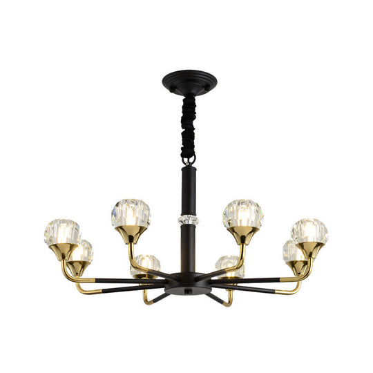 Moderner verzweigter Kristallkugel-Kronleuchter | 6/8/12-Kopf-Pendelleuchte in Schwarz-Gold