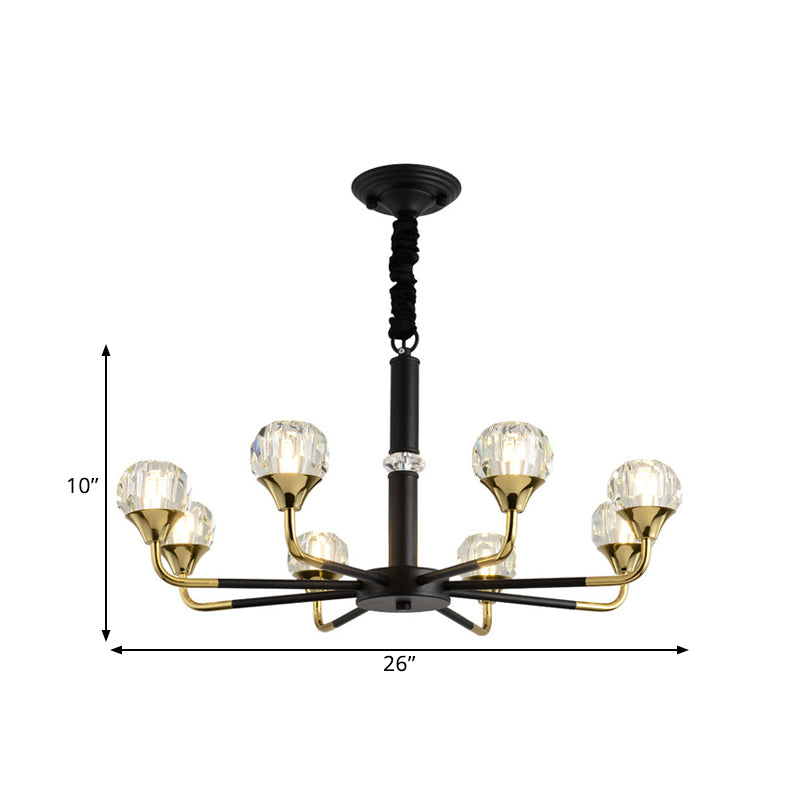 Moderner verzweigter Kristallkugel-Kronleuchter | 6/8/12-Kopf-Pendelleuchte in Schwarz-Gold