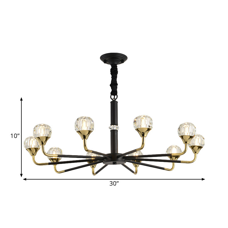 Moderner verzweigter Kristallkugel-Kronleuchter | 6/8/12-Kopf-Pendelleuchte in Schwarz-Gold