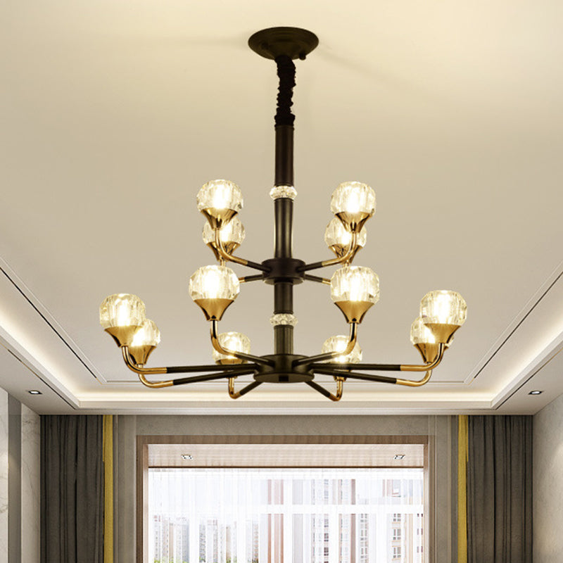 Moderner verzweigter Kristallkugel-Kronleuchter | 6/8/12-Kopf-Pendelleuchte in Schwarz-Gold
