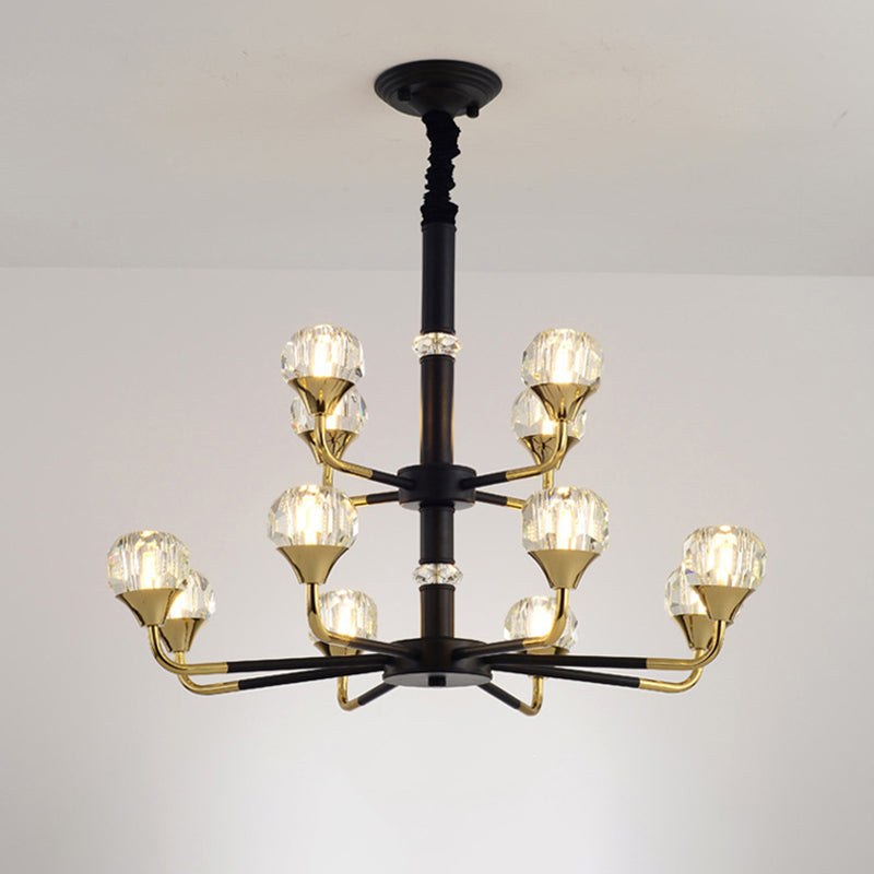 Moderner verzweigter Kristallkugel-Kronleuchter | 6/8/12-Kopf-Pendelleuchte in Schwarz-Gold