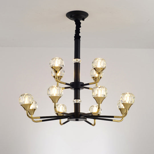 Moderner verzweigter Kristallkugel-Kronleuchter | 6/8/12-Kopf-Pendelleuchte in Schwarz-Gold