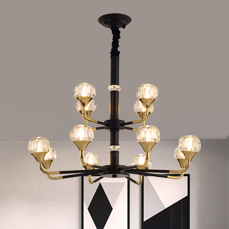 Moderner verzweigter Kristallkugel-Kronleuchter | 6/8/12-Kopf-Pendelleuchte in Schwarz-Gold