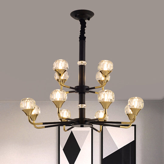 Moderner verzweigter Kristallkugel-Kronleuchter | 6/8/12-Kopf-Pendelleuchte in Schwarz-Gold