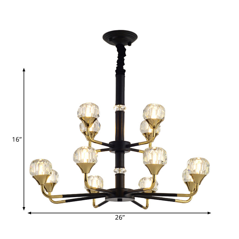 Moderner verzweigter Kristallkugel-Kronleuchter | 6/8/12-Kopf-Pendelleuchte in Schwarz-Gold