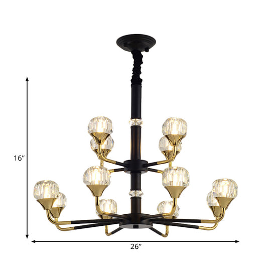 Moderner verzweigter Kristallkugel-Kronleuchter | 6/8/12-Kopf-Pendelleuchte in Schwarz-Gold