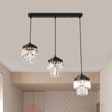 Contemporary 3-Head 2-Tier Cluster Pendant In Black With Clear Crystal Prism Accents - Modern