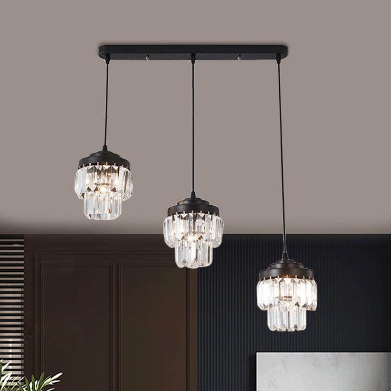 Modern Black Crystal Prism Pendant Lamp With 3 Heads And 2-Tier Cluster - Round/Linear Canopy