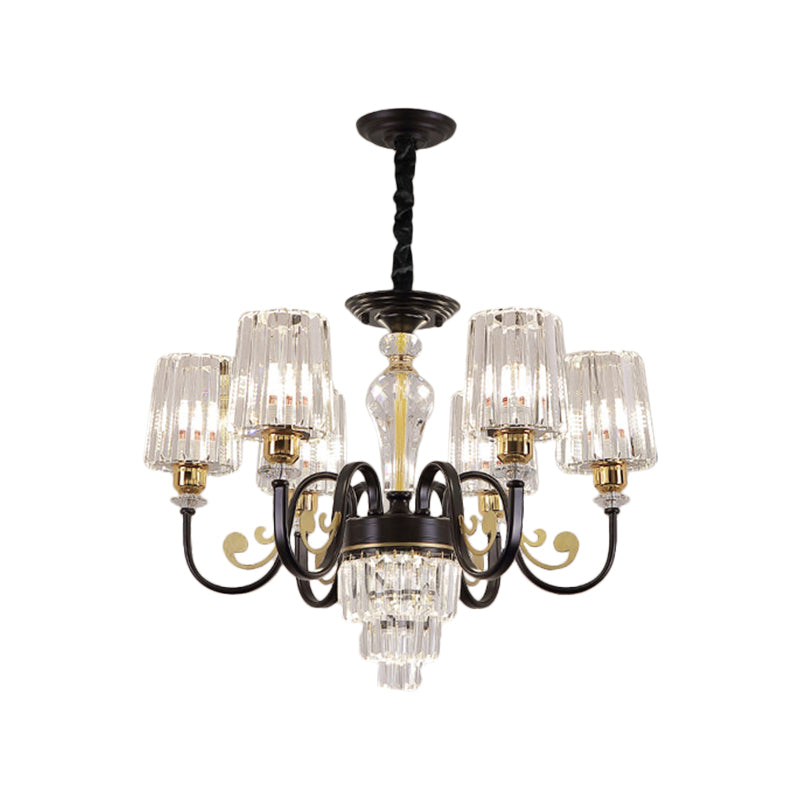 Modern Black 6-Head Chandelier With Clear Cylinder Shade - Sleek Metal Curvy Arms Hanging Light