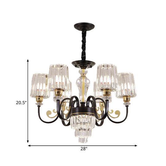 Modern Black 6-Head Chandelier With Clear Cylinder Shade - Sleek Metal Curvy Arms Hanging Light