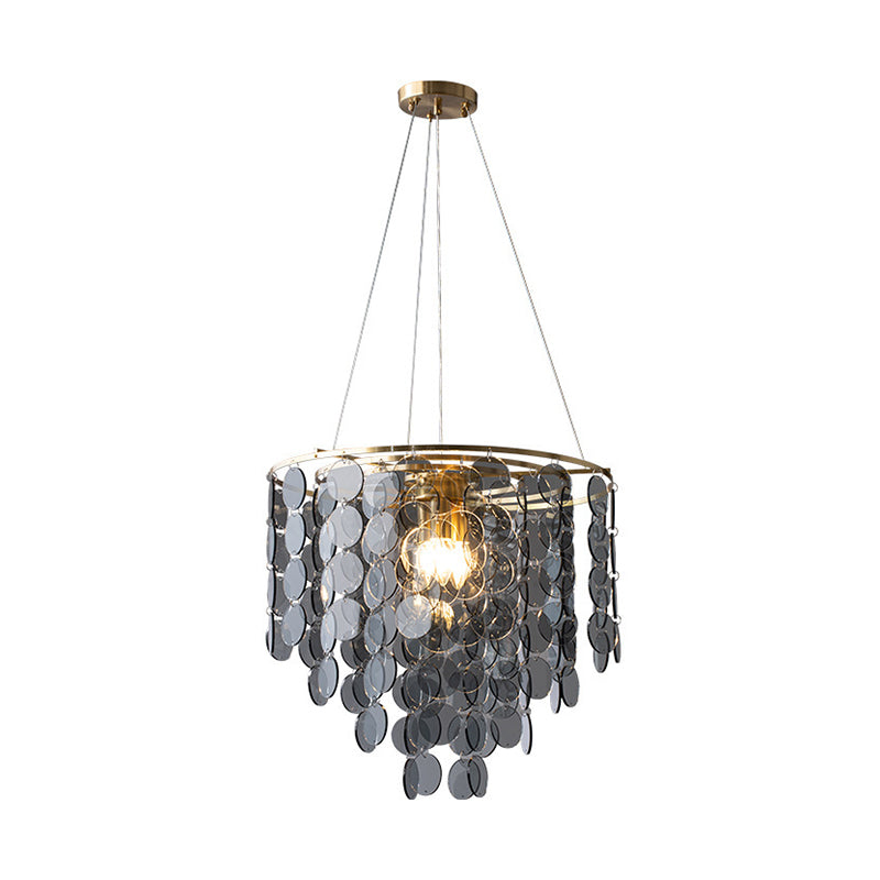 Modern Gold Taper Chandelier Lamp With Circular-Crystal Strands - 6 Heads For Great Room