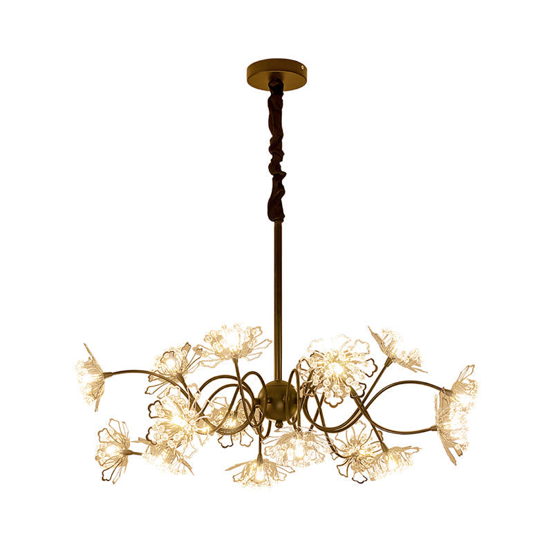 Bronze Floral Pendant Chandelier With Crystal Beads - 16 Bulb Contemporary Metal Light Kit
