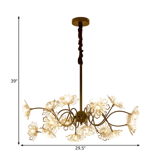 Bronze Floral Pendant Chandelier With Crystal Beads - 16 Bulb Contemporary Metal Light Kit