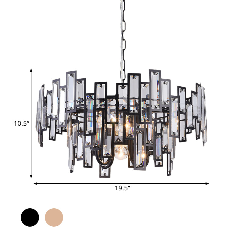 Contemporary Gold/Black Round Bedroom Suspension Light With 6 Crystal Block Bulbs