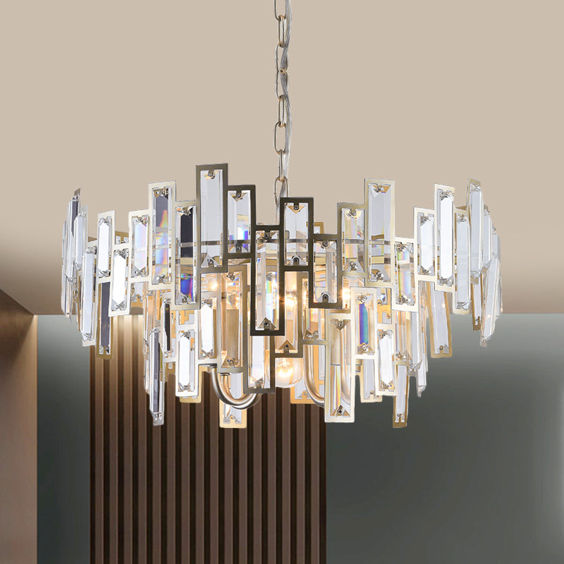 Contemporary Gold/Black Round Bedroom Suspension Light With 6 Crystal Block Bulbs
