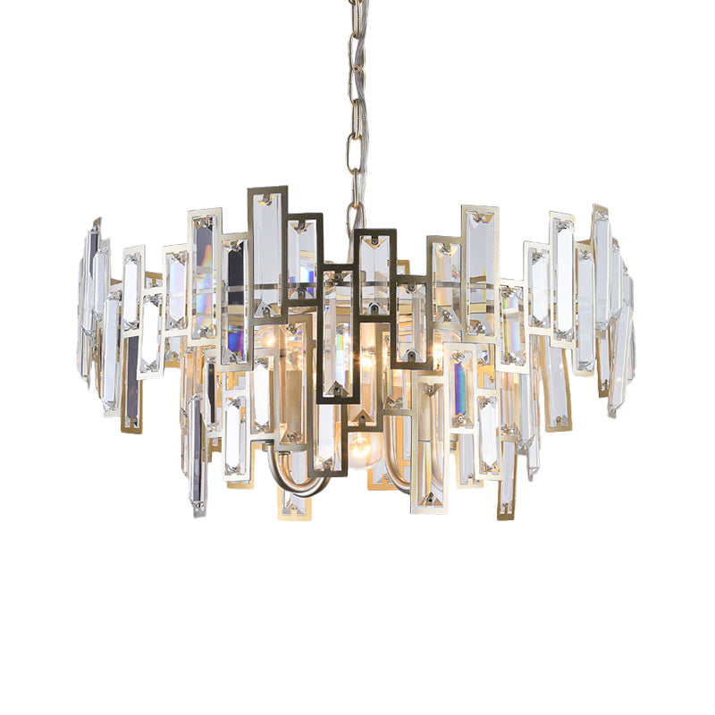 Contemporary Gold/Black Round Bedroom Suspension Light With 6 Crystal Block Bulbs