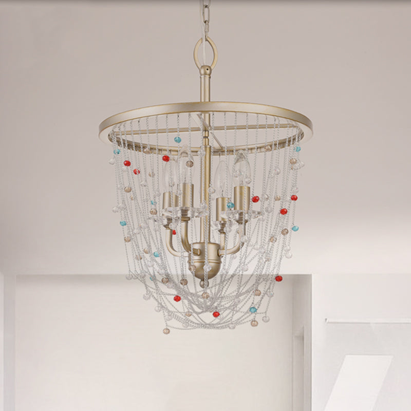 Modern Metal Living Room Chandelier With Crystal Bead Strand Decor Gold Finish 4-Light Candle Style