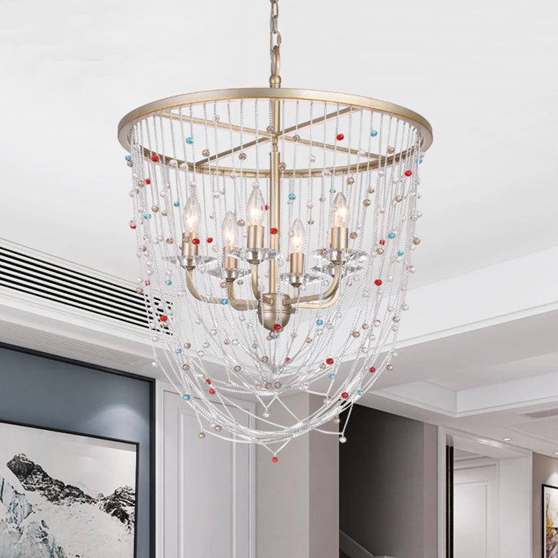 Modern Metal Living Room Chandelier With Crystal Bead Strand Decor Gold Finish 4-Light Candle Style