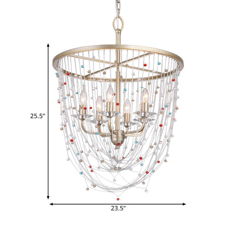Modern Metal Living Room Chandelier - Candle Style With Crystal Bead Strand Decor Gold Finish 4