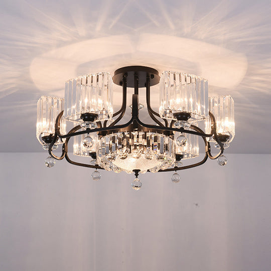 Modern Crystal Trapezoid Light Fixture - 4/8 Bulb Dining Room Semi Flush With Sleek Black Frame
