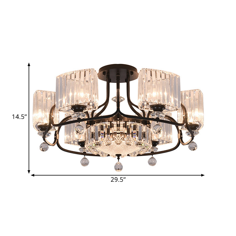 Modern Crystal Trapezoid Light Fixture - 4/8 Bulb Dining Room Semi Flush With Sleek Black Frame