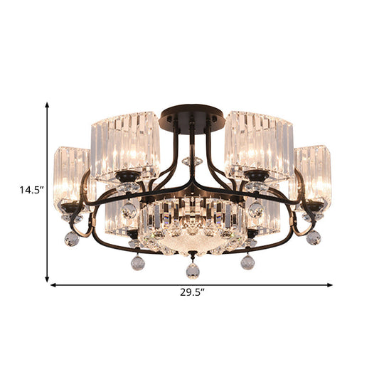 Modern Crystal Trapezoid Light Fixture- 4/8 Bulb Dining Room Semi Flush With Sleek Black Frame