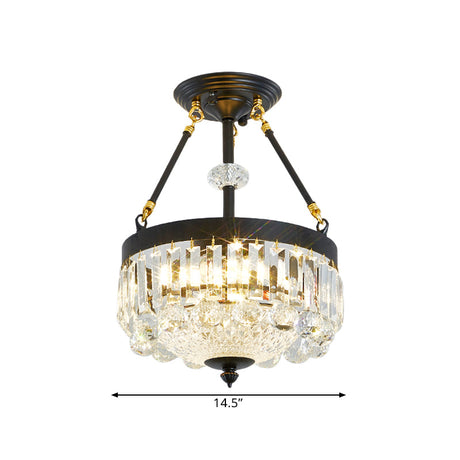 Contemporary Crystal Bowl Semi Flush Light - 4/6 Heads 14.5/18.5 Width Ceiling Mount Black Frame